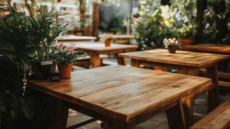 A serene outdoor dining area featuring rustic wooden tables surrounded by lush plants and vibrant flowers, ideal for a cozy gathering or relaxation.の素材