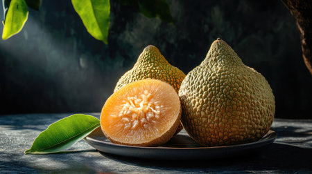 A stunning display of fresh green melons on a dark surface, showcasing a sliced piece revealing its juicy center. Perfect for food photography, this image highlights the natural beauty and texture of fruit.の素材