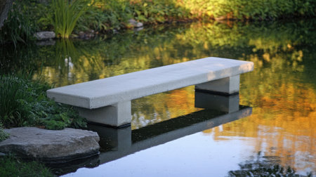 A serene concrete bench beside a still pond, offering a peaceful retreat in nature. Perfect for relaxation and contemplation amidst lush greenery.の素材