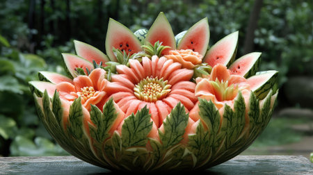 An exquisite watermelon carving featuring vibrant flowers and detailed leaves, perfect for summer events, parties, or as a unique centerpiece.の素材