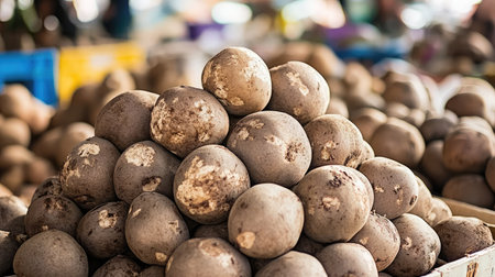 A vibrant market scene featuring a rustic pile of fresh potatoes, showcasing their earthy texture and natural appeal in a bustling food environment.の素材