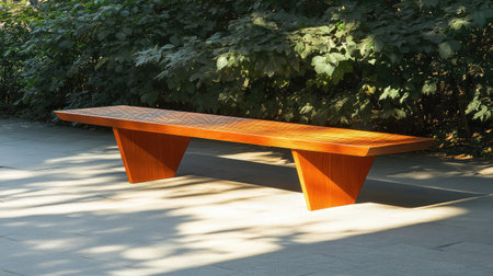 A modern wooden bench beautifully contrasts with a lush garden background, showcasing minimalist design and elegant lines in a serene outdoor setting.の素材