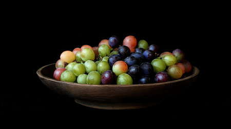 A beautiful arrangement of fresh grapes in a wooden bowl, showcasing a vibrant variety of colors against a dark background. Perfect for food photography.の素材