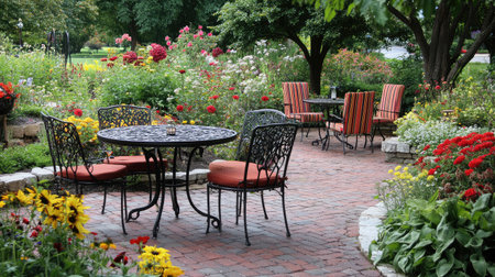 A serene garden patio featuring a charming table and chairs, surrounded by vibrant flowers and greenery, perfect for relaxation and outdoor enjoyment.の素材