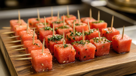 A vibrant display of fresh watermelon cubes arranged on a wooden platter, perfect for summer gatherings. These delightful bites are garnished with herbs and served on skewers, making them an ideal appetizer for any event.の素材