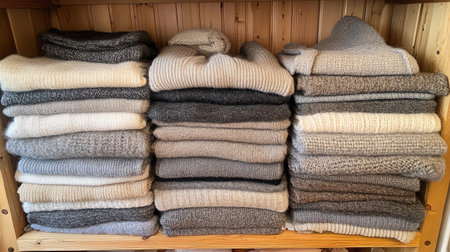 A neatly arranged display of warm knit sweaters in calming neutral tones, perfect for showcasing cozy fashion and home styling for winter aesthetics.の素材