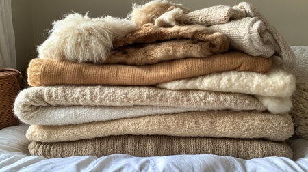 A serene collection of neutral-colored blankets and throws beautifully stacked, showcasing various textures and warm tones for a cozy home aesthetic.の素材