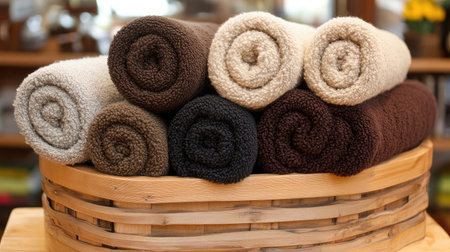 A stylish arrangement of rolled plush towels in a wooden basket, showcasing soft textures and neutral colors suitable for bathroom decor or spa settings.の素材
