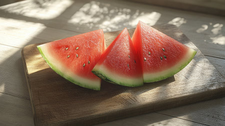Fresh watermelon slices on a wooden board showcase vibrant colors and textures, perfect for summer picnics, healthy snacks, or culinary displays.の素材
