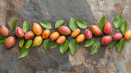 A beautiful arrangement of vibrant fruits surrounded by lush green leaves on a natural stone surface, illustrating organic beauty and nature's bounty.の素材