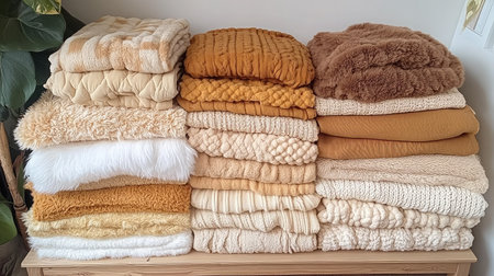 A serene display of cozy blankets in warm tones, showcasing various textures and fabrics. Perfect for home decor inspiration and comfort aesthetics.の素材