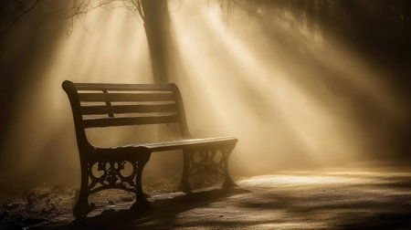 A tranquil scene featuring a lonely bench illuminated by soft sunlight rays filtering through foggy trees, creating a serene and peaceful atmosphere.の素材