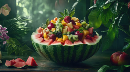 An artistic display of fresh fruit salad served in a carved watermelon bowl. This vibrant arrangement features a variety of tropical fruits, perfect for summer gatherings or healthy desserts.の素材