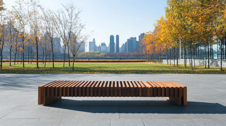 A striking wooden bench sits in a serene park, surrounded by colorful autumn trees and a clear skyline view, inviting moments of relaxation and reflection.の素材