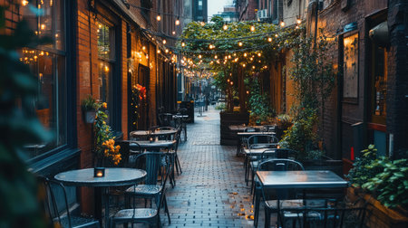 A beautiful alleyway featuring cozy outdoor seating and string lights, perfect for evening gatherings. Ideal for showcasing urban dining experiences.の素材
