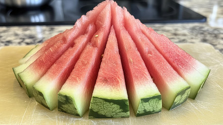 A beautifully arranged display of fresh watermelon slices on a cutting board, showcasing the vibrant colors and juicy texture ideal for summer snacks or healthy desserts.の素材