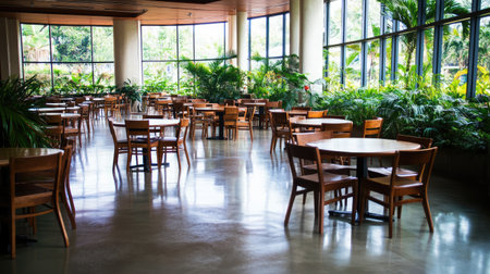 A spacious dining area featuring wooden tables and chairs surrounded by lush greenery. The bright space offers a peaceful and inviting atmosphere perfect for diners.の素材