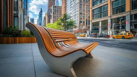 A sleek modern bench made of wood and metal sits elegantly in an urban landscape, inviting passersby to take a moment of relaxation amid a bustling city scene.の素材