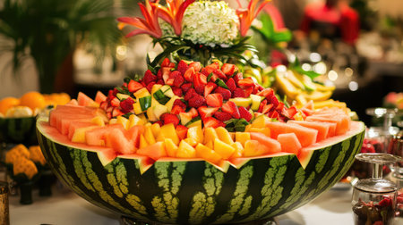 A stunning arrangement of vibrant fruits displayed in a watermelon bowl, perfect for events and celebrations. The colorful selection includes strawberries, cantaloupe, and more.の素材