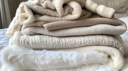 A stack of cozy and soft blankets in neutral tones, perfect for adding warmth and comfort to any home. Ideal for relaxation and stylish decor.の素材