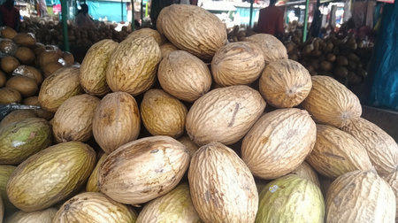 A vibrant pile of fresh nuts displayed at a lively market stall. The natural texture and unique shapes offer a glimpse into the local produce and culinary delights.の素材