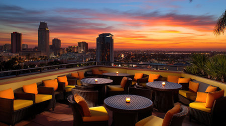 Beautiful rooftop lounge with vibrant seating overlooking the city skyline at sunset. Perfect for relaxation and evening gatherings in a tranquil atmosphere.の素材