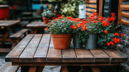 A rustic wooden table adorned with vibrant red flowers in pots creates a cozy and inviting outdoor cafe atmosphere, perfect for relaxation.の素材