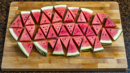 Brightly sliced watermelon pieces arranged in a decorative pattern on a wooden cutting board. Ideal for summer dishes, snacks, or healthy desserts.の素材