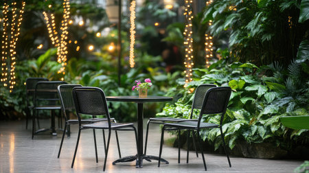 A serene outdoor cafe setting featuring a table and chairs surrounded by lush greenery and fairy lights, perfect for relaxation and dining.の素材