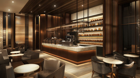 A stylish and modern coffee shop interior featuring cozy seating and warm lighting. Ideal for showcasing contemporary cafe designs and inviting atmospheres.の素材
