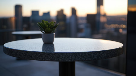 A modern table adorned with a small plant, overlooking a stunning city skyline at sunset. Perfect for themes of relaxation and urban living.の素材