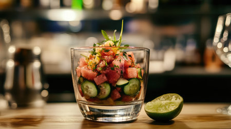 A colorful bowl of fresh salad featuring cucumbers, herbs, and lime, perfect for a light meal or appetizer in a vibrant dining setting.の素材
