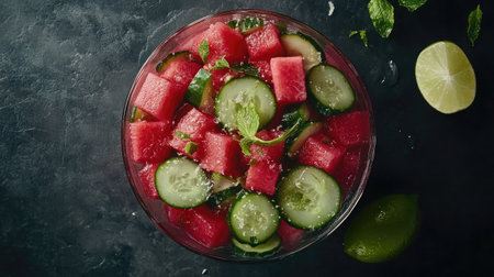 A vibrant bowl of refreshing watermelon and cucumber salad, garnished with mint and lime, perfect for a healthy summer snack or side dish.の素材