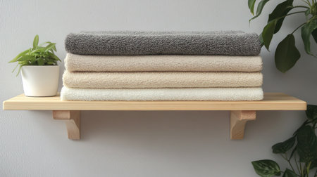 A serene display of neatly stacked towels on a wooden shelf, complemented by a small plant, creating a calming atmosphere for any home or spa setting.の素材