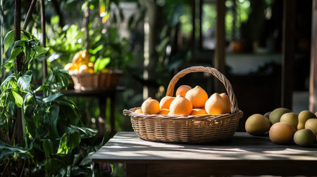 A beautifully crafted basket filled with fresh oranges rests on a wooden table amidst lush greenery, embodying a vibrant and healthy lifestyle.の素材
