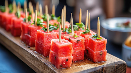 Enjoy these vibrant watermelon cubes skewered for an enticing appetizer or snack. Ideal for summer gatherings, events, and health-conscious menus.の素材