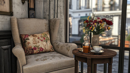 A cozy corner showcasing a vintage chair, a wooden table with tea, and a beautiful flower arrangement, creating a tranquil indoor atmosphere.の素材