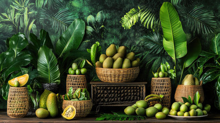A vibrant scene of fresh tropical fruits arranged in woven baskets against a lush greenery backdrop, showcasing the beauty of organic produce in a decorative setting.の素材