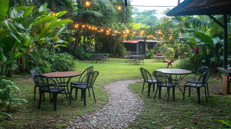 A serene outdoor garden featuring charming tables and chairs surrounded by lush greenery and illuminating string lights, perfect for relaxation and gatherings.の素材