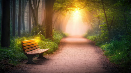A tranquil forest path illuminated by soft sunlight, featuring an empty bench. This serene scene invites reflection and tranquility in nature.の素材