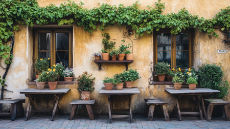 A charming rustic wall adorned with vibrant flower pots and lush greenery, creating an inviting outdoor space perfect for relaxation and enjoyment.の素材