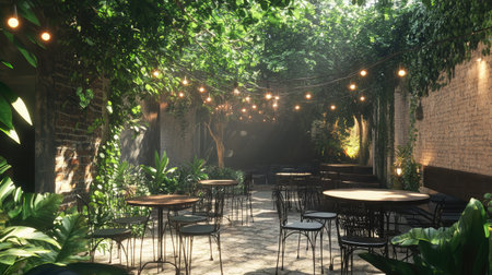 A charming outdoor cafe scene featuring lush greenery, rustic tables, and soft hanging lights, perfect for relaxation and social gatherings in an urban setting.の素材