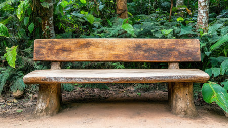 A rustic wooden bench nestled in a lush green forest, inviting visitors to relax and enjoy the beauty of nature in a tranquil outdoor setting.の素材