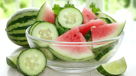 A vibrant bowl filled with fresh watermelon and cucumber slices. Perfect for a summer salad or snack, this dish highlights healthy and natural ingredients.の素材