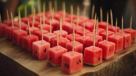 A vibrant display of fresh watermelon cubes on skewers, perfect for summer events and outdoor parties. A delicious, refreshing snack that delights guests.の素材
