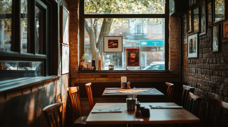 A bright and inviting restaurant interior bathed in warm natural light, featuring wooden tables and chairs, perfect for dining and socializing.の素材