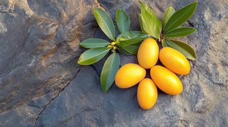 This image showcases ripe yellow fruits nestled among green leaves on a textured stone surface, emphasizing the beauty of nature and fresh produce.の素材