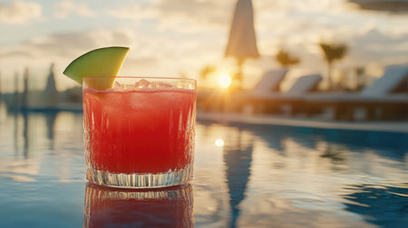 A vibrant cocktail sits elegantly by the pool, reflecting the warm sunset hues. Perfect for summer leisure and relaxation, this image evokes a tranquil vibe.の素材