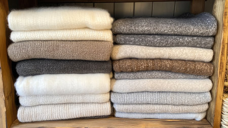 A serene display of cozy, soft textiles stacked neatly on a wooden shelf. This collection features a harmonious blend of neutral tones and textures, ideal for autumn and winter styling.の素材