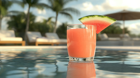 A vibrant glass of watermelon drink sits by the poolside, perfect for summer relaxation. The refreshing beverage captures the essence of paradise.の素材